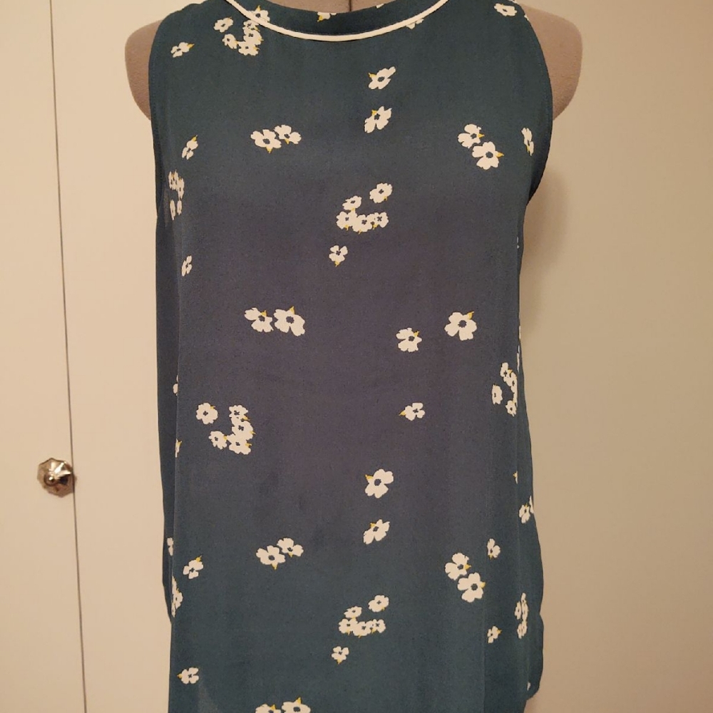 Ann Taylor LOFT Outlet Pine Green Sleeveless Tunic Blouse, Floral